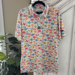 Tom Baine Golf Collection Slim Fit Short Sleeve Polo with Colorful Flamingos Med